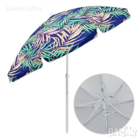 Плажен чадър, ветроустойчив, накланящ се, сини тропически листа, 3 пръстена UV ~50 - 2 м, снимка 3 - Други - 41360370