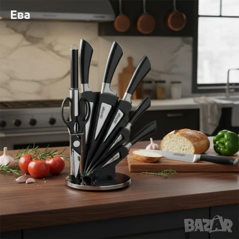 Комплект ножове 8 части със стойка Cheffinger - неръждаема стомана, въртяща се акрилна поставка 360°, снимка 3 - Прибори за хранене, готвене и сервиране - 53447768