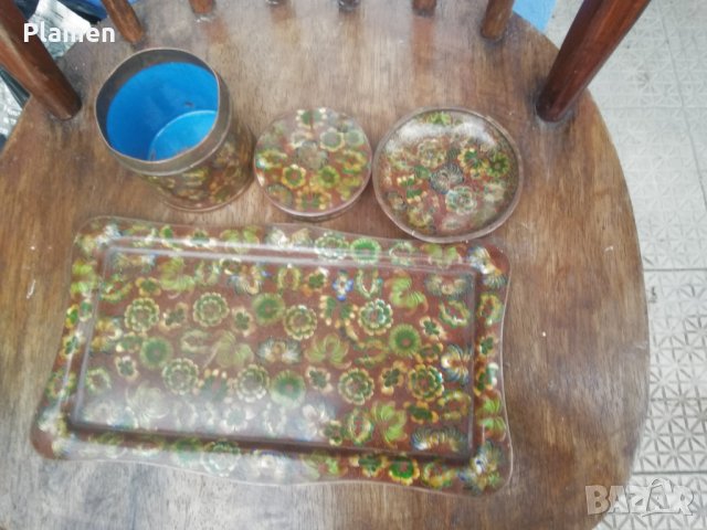 Меден поднос с медна кутия и медна чинийка клетъчен емайл от Турция ръчна изработка, снимка 1