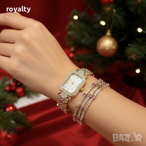 Луксозен дамски комплект: часовник и гривни в златист цвят, снимка 3 - Гривни - 52584767