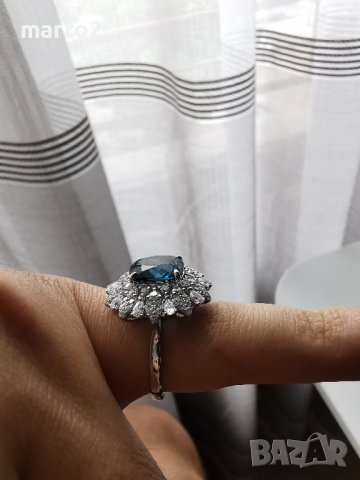 Елегантен Сребърен 925 пръстен с Родиево покритие и Натурален London Blue Топаз и Циркони!, снимка 5 - Пръстени - 42132140