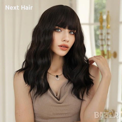 Синтетична перука 43 см - тъмно кафява, вълнообразна с бретон, снимка 2 - Аксесоари за коса - 53353210