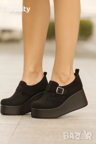 Обувки на платформа - черен велур с черно ходило