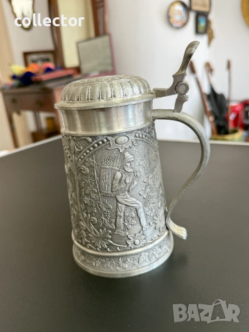 Немска калаена халба с капак - Alwe. №7853, снимка 7 - Антикварни и старинни предмети - 53444909