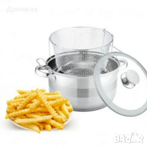 Тенджера с кошница за пържене и стъклен капак Cheffinger Ø24 см – инокс, 6,5 л, за всички котлони, снимка 3 - Съдове за готвене - 53178846
