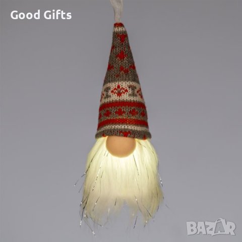 LED Светещ коледен гном със сива шапка, 15см