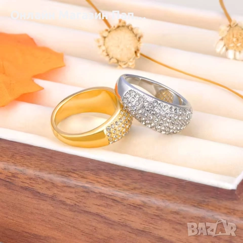 Пръстен Lokaer 316L медицинска стомана с циркони – златист/сребрист