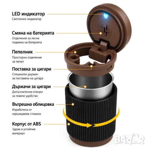 Автомобилен пепелник с LED и стоманен контейнер 12 cm, снимка 3 - Аксесоари и консумативи - 55863497