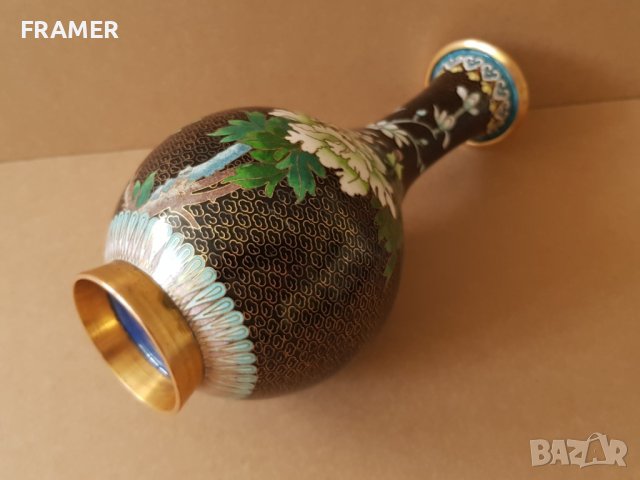 Красива 19ти век Китайска Клазоне бронзова клетъчен емайл ваза, снимка 10 - Вази - 42262468