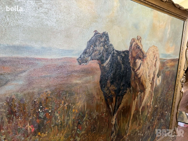 Старинно маслено платно "Руски борзои" – Музеен размер (140х110 см), снимка 9 - Антикварни и старинни предмети - 53863532
