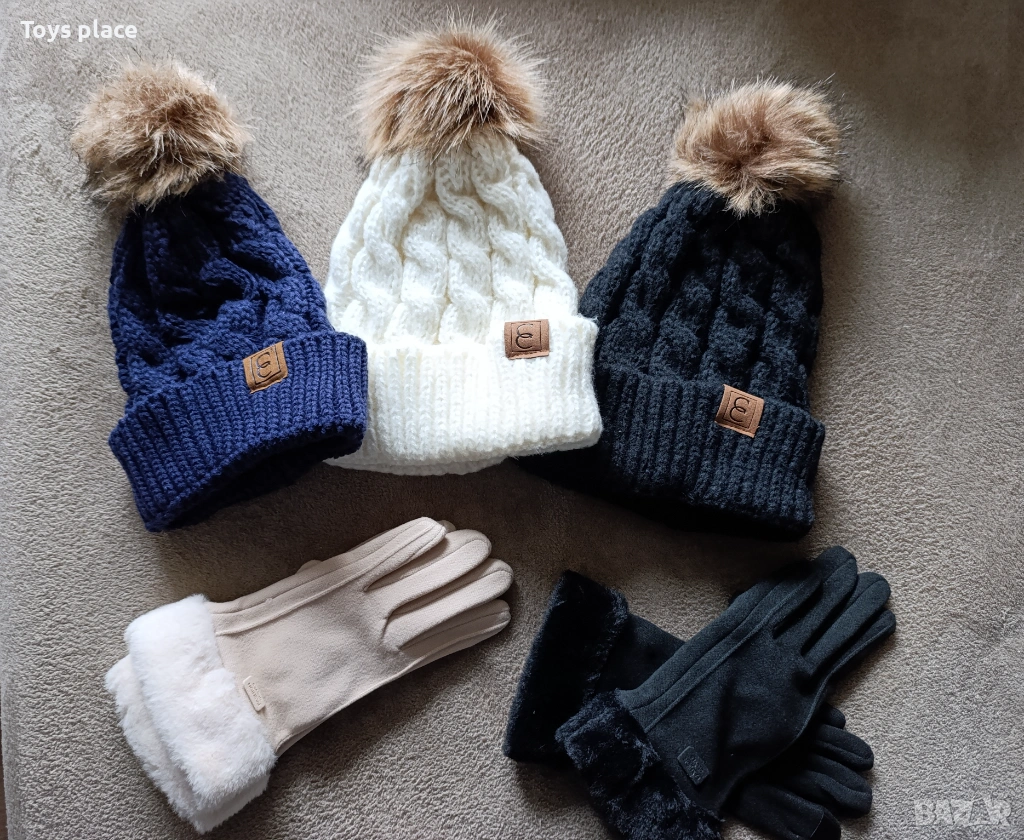 Зимна плетена шапка с пух, ръкавици, снимка 1