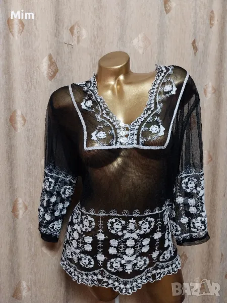 Studio 46/48 Черна прозрачна блуза с бяла бродерия , снимка 1