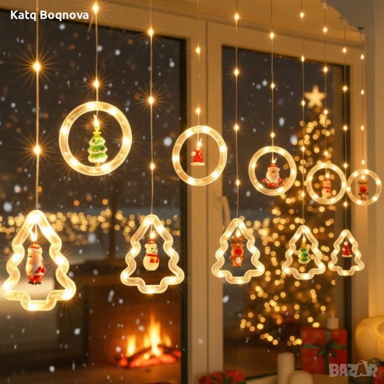 Светещ коледен гирлянд с рингове и малки коледни фигурки , снимка 1
