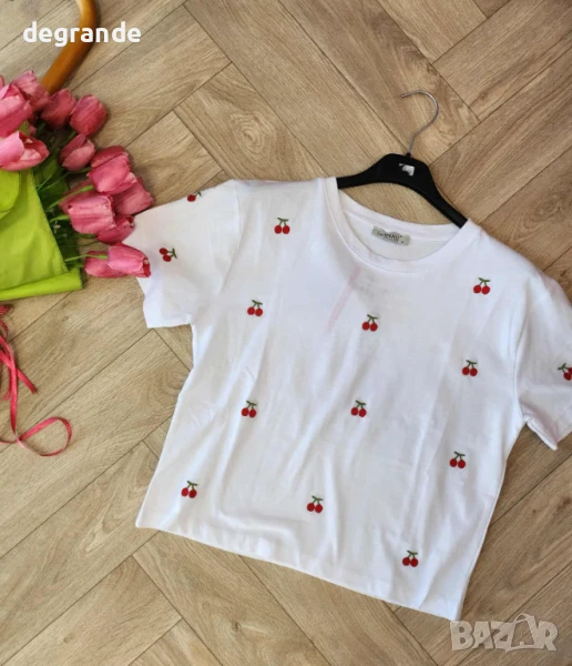 Памучна тениска с черешки, снимка 1