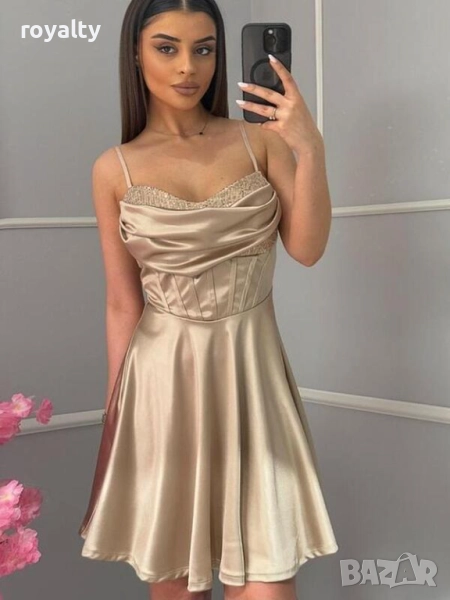 Официална бежова сатенена рокля, снимка 1