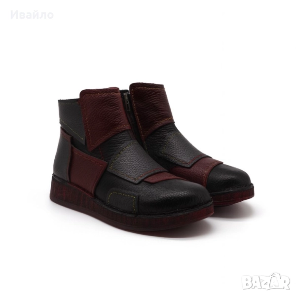 Дамски боти от естествена кожа в черно и бордо с креативен панелен дизайн, снимка 1
