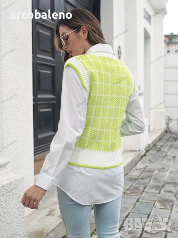 Дамски моден кариран пуловер с V-образно деколте, 4цвята, снимка 5 - Блузи с дълъг ръкав и пуловери - 42146039