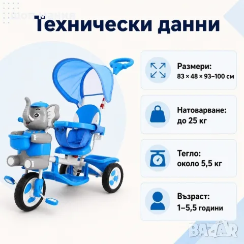 Детска триколка Слонче със сенник и родителска дръжка, синя, снимка 6 - Детски велосипеди, триколки и коли - 55939480