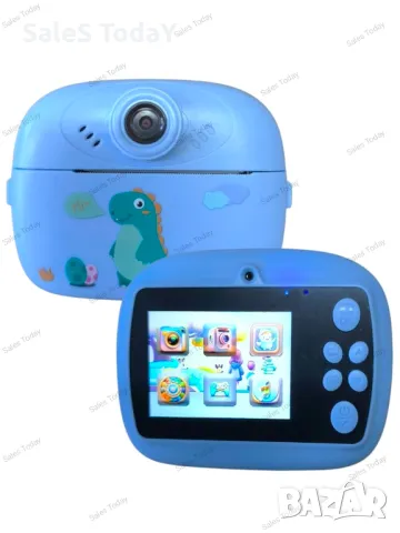 Фотоапарат и принтер 2 в 1, игри, фото рамки, тюркоаз Дино + мини маркери, снимка 1