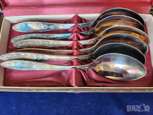 лъжици - комплект 6 броя от мелхиор, посребрени/позлатени, мод.Пламя, чисто нови,неползвани, в кутия, снимка 2 - Прибори за хранене, готвене и сервиране - 51465323