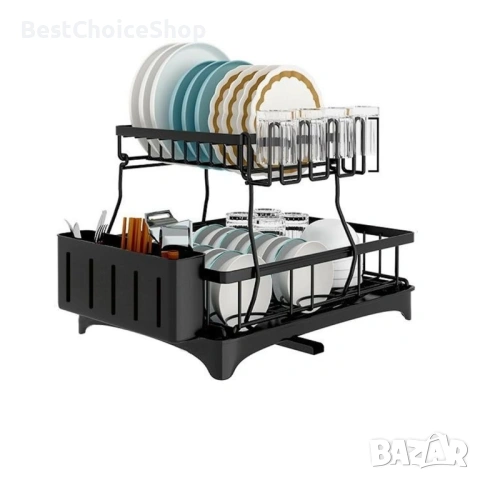Двуетажен сушилник за съдове – метален, с отцеждане, снимка 2 - Аксесоари за кухня - 53448233