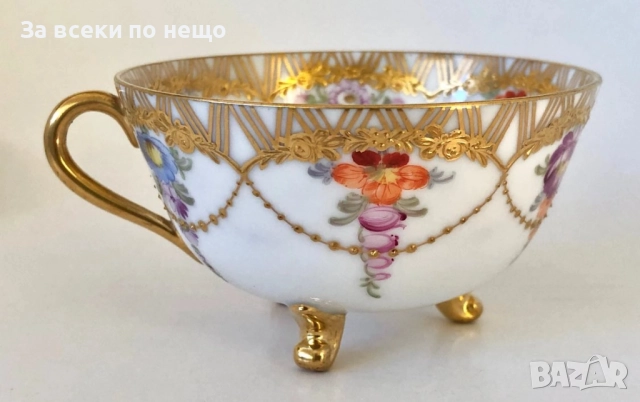 Dresden Germany  Circa 1884  Wolfsohn  Tea Cup & Saucer, Footed, Richly Gilded Код P1651, снимка 6 - Сервизи - 52932863