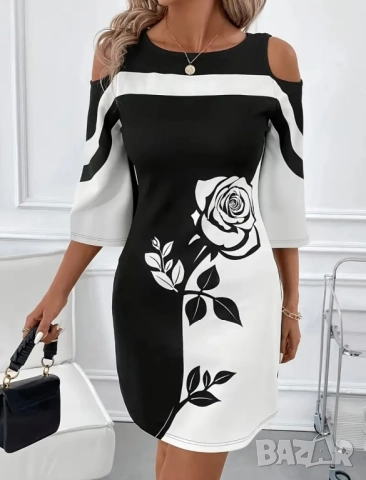 Чернобяла рокля с рози, с еластан