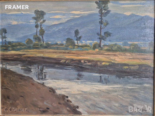 Станьо Стаматов 1886-1963 Пред Балкана Пейзаж от Казанлъшко от 1930 те години. , снимка 2 - Картини - 52444865