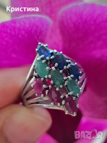 Сребърен пръстен със Сапфири, Рубини и Смарагди, снимка 4 - Пръстени - 49346089