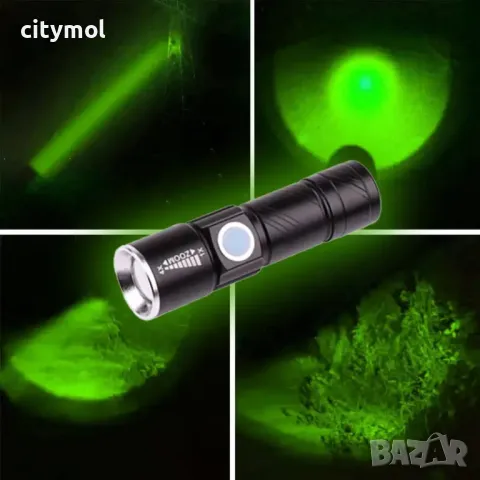 Фенер със зелена светлина, ZOOM функция, USB зареждане, снимка 3 - Оборудване и аксесоари за оръжия - 47624659