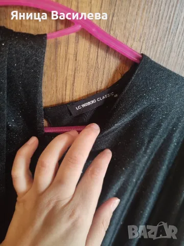 Черна брокатена дълга официална рокля с коланче, снимка 5 - Рокли - 49940049