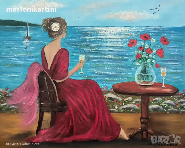 Жена с червена рокля край морето маслена картина , снимка 2 - Картини - 51011903