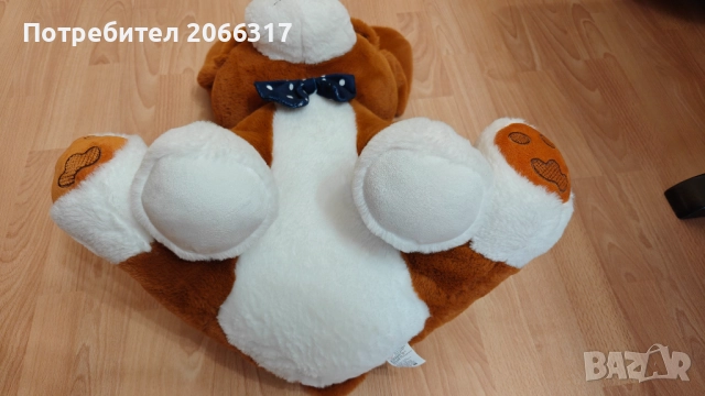 Плюшено куче със синя папийонка, 50x35x50 см, кафяво и бяло, снимка 5 - Плюшени играчки - 51967434