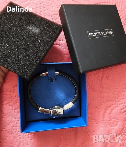 Мъжка гривна от естествена кожа, сребро и стомана. 