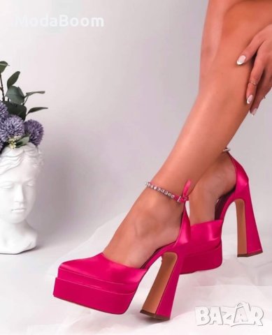 Розови сатенени сандали на ток , снимка 3 - Сандали - 41970079