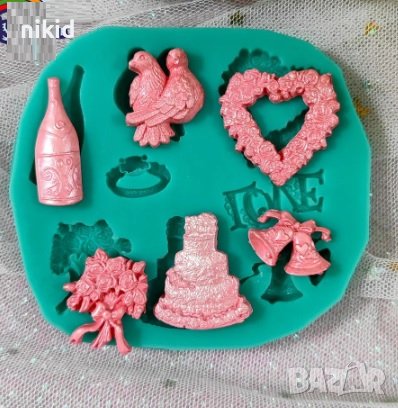  сватба love торта гълъби халка пръстен букет шампанско силиконов молд форма украса торта фондан , снимка 5 - Форми - 15147938