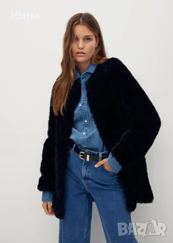 Пухкаво черно палто Mango