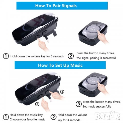 Безжичен водоустойчив звънец / 3 бутона, 2 звънеца, снимка 9 - Други стоки за дома - 39682828