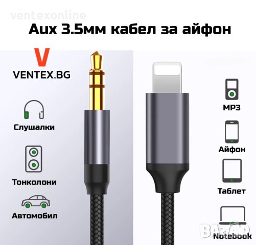Aукс кабел за Айфон, Lightning към 3.5мм жак, AUX кабел за iPhone 1метър, снимка 2 - Аксесоари и консумативи - 40955864