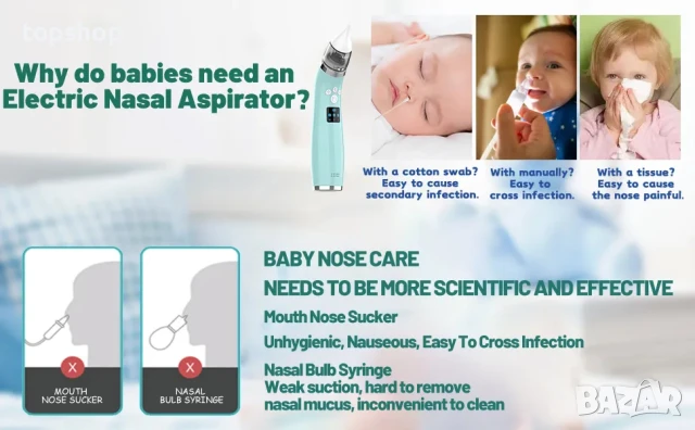 Бебешки аспиратор за нос Holnkme с успокояваща музика, 4 накрайника, 3 нива на всмукване, USB Type C, снимка 2 - Пелени, памперси - 50494721