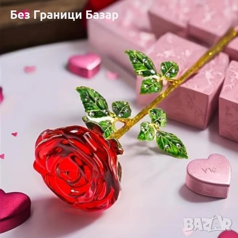 Нова Кристална червена роза във ваза романтичен подарък декор стая дом, снимка 2 - Декорация за дома - 53822768