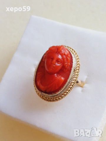 Дамски златен пръстен 14к с инкрустирана коралова камея, снимка 3 - Пръстени - 52624282