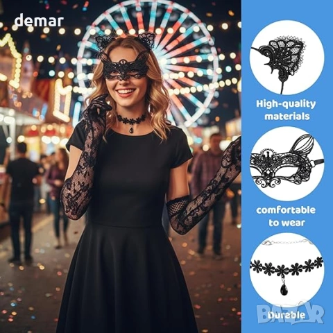 Костюм за котка от 4 части с ръкавици, комплект с котешки уши лента за глава, лента за врата и маска, снимка 3 - Други - 53655341