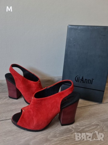 Дамски сандали GiAnni на ток от естествен велур в червен цвят, снимка 2 - Дамски елегантни обувки - 36355888