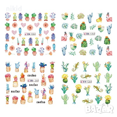 лист 12 в 1 вида кактус кактуси слайдер татос ваденки водни стикери за нокти маникюр, снимка 4 - Продукти за маникюр - 36227084