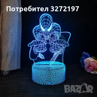 Холограмна 3D LED лампа Spider Man-дистанционно управление 16 цвята+други режими на управление , снимка 1