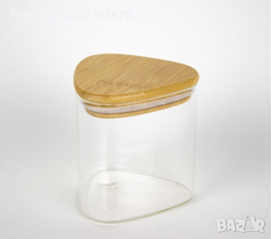 Стъклен триъгълен буркан за съхранение, Бамбуков капак със силиконов ръб, 9х9х12 см. 