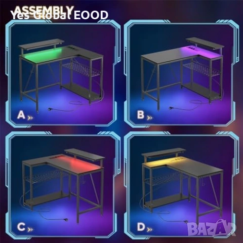 Bestier L-образно бюро с LED и контакти, снимка 8 - Бюра - 53799380