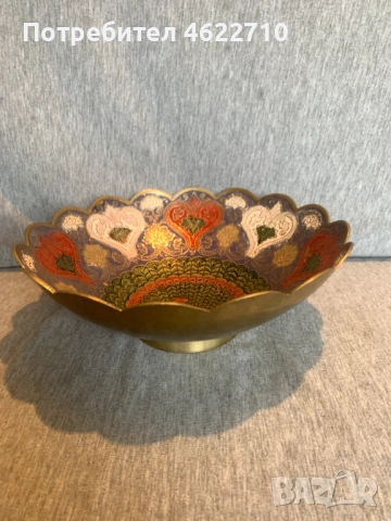 Месингова  емайлирана купа с паун , снимка 3 - Антикварни и старинни предмети - 53584253