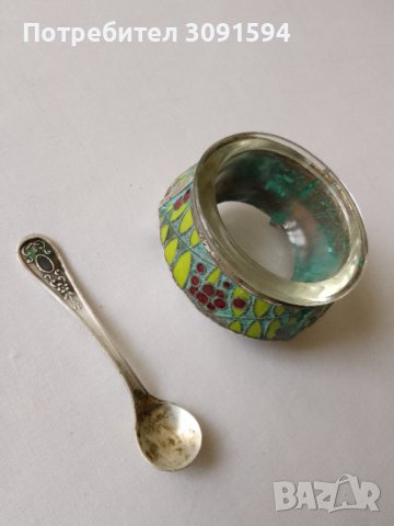 Винтидж руска мелхиорна с  емайлирана за сол   с лъжица, снимка 6 - Антикварни и старинни предмети - 42087417